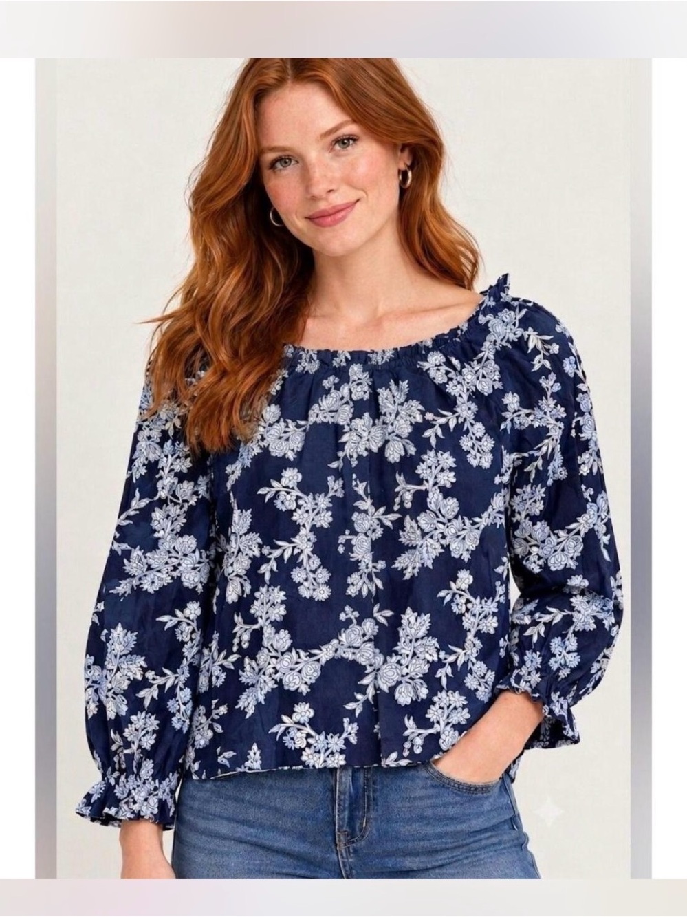 J.Crew Navy Blue Floral Ruffle Neck Blouse Long Sleeve Bow Tie Back